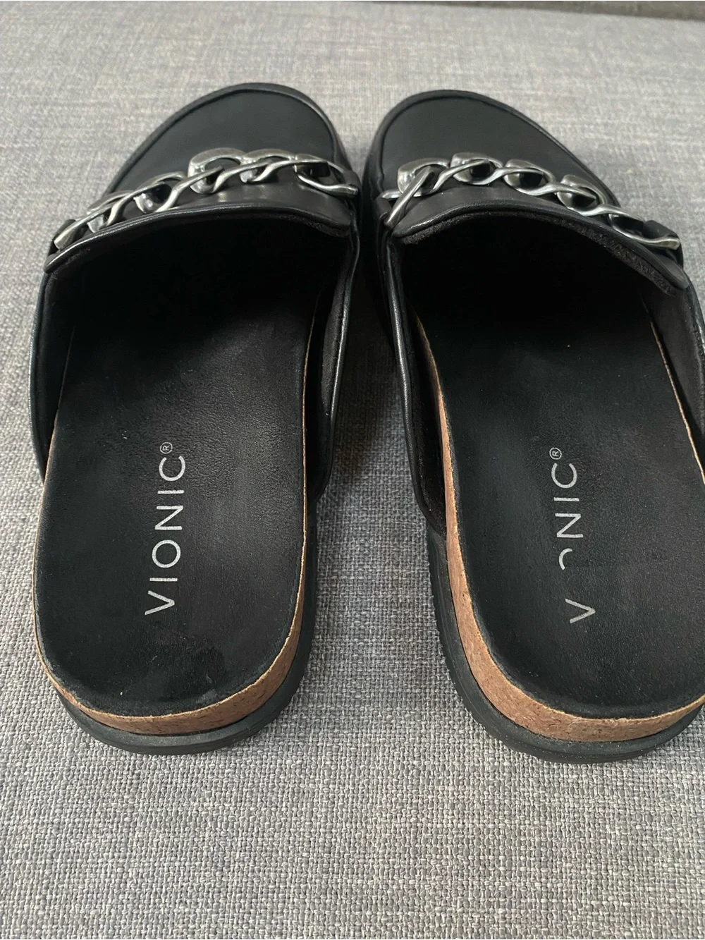 Vionic Black Slip-On Mules with Silver Chain Accent